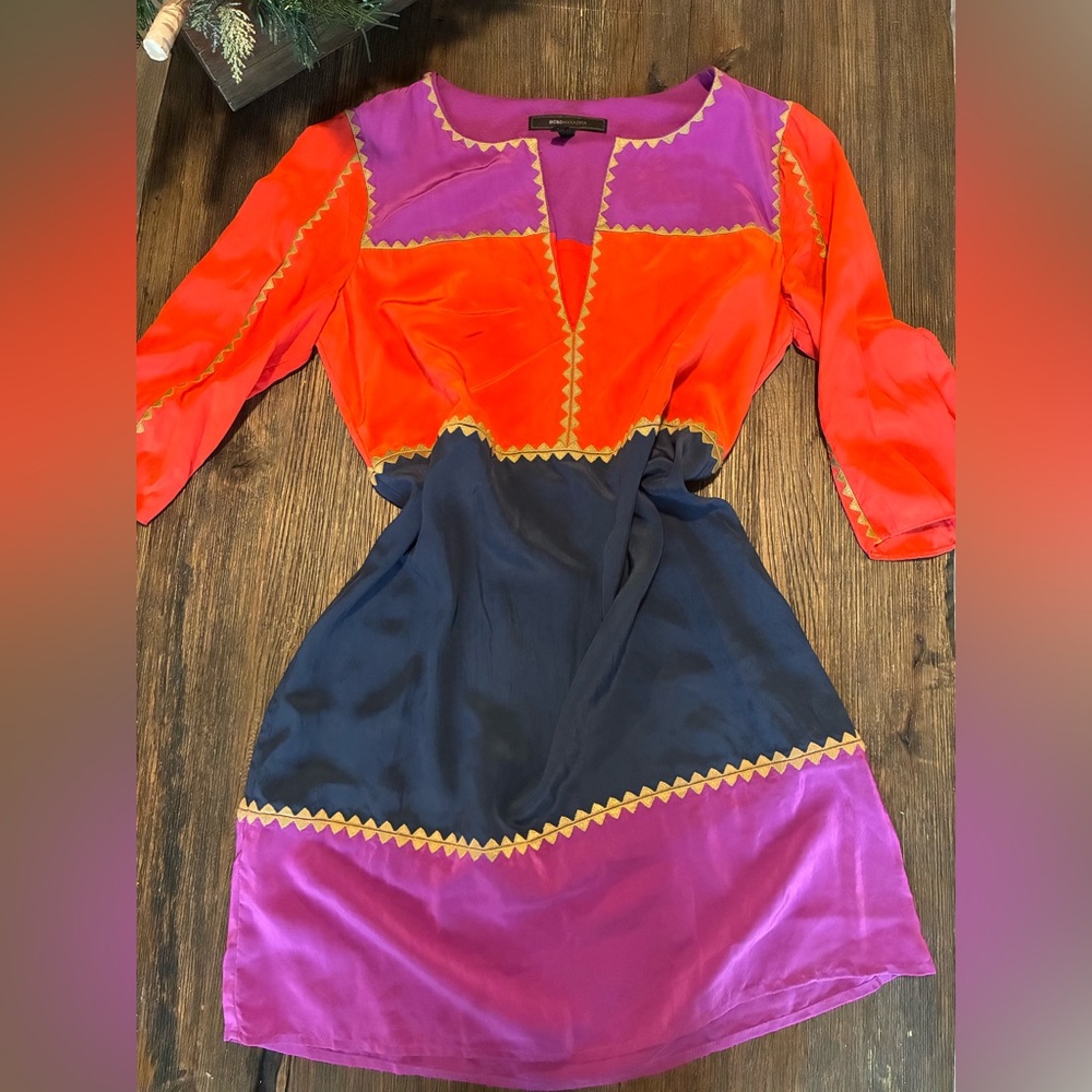 BCBGMaxAzria Vibrant Red and Purple Long Sleeve Dress